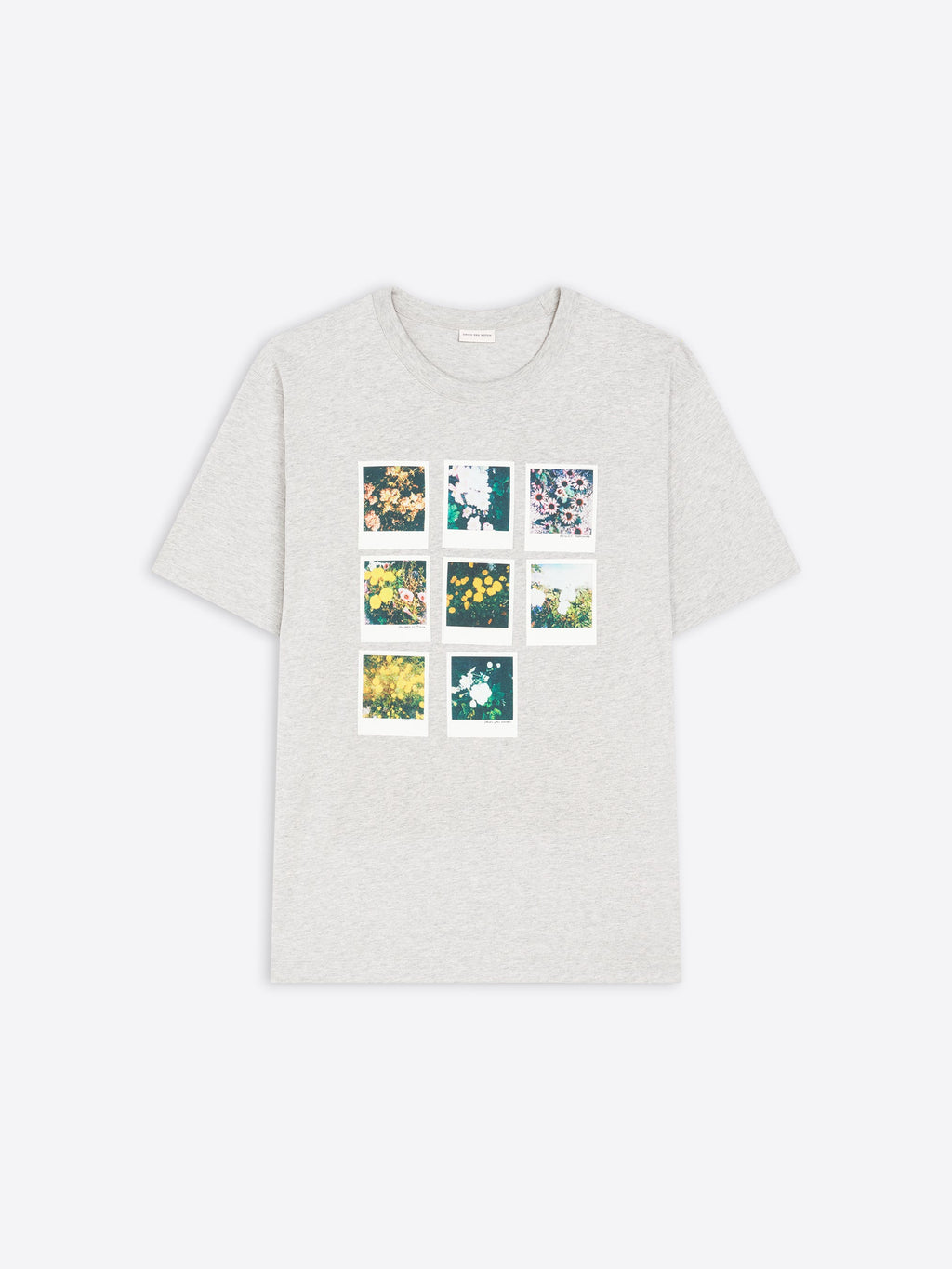 Grey t-shirt with eight square graphic images on a white background 
