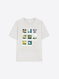 Grey t-shirt with eight square graphic images on a white background 