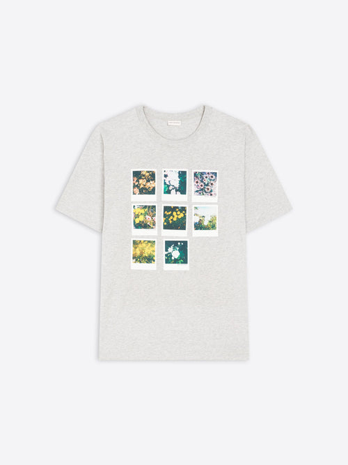 Grey t-shirt with eight square graphic images on a white background 